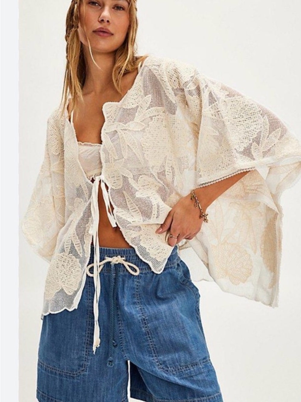 Free People Cream Crochet Labeled Knit Overlay